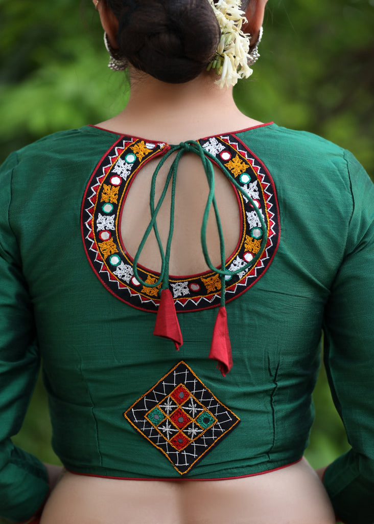 Green Cotton Silk Blouse with Kutch Embroidered Patch