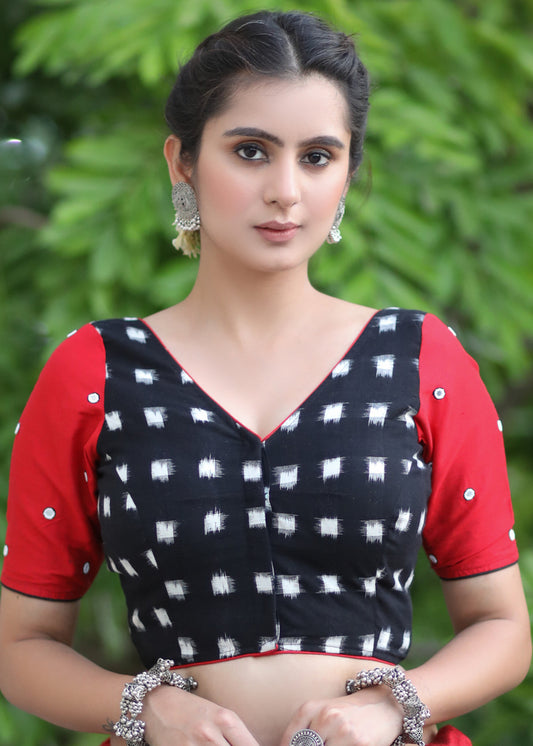 Standout Black Ikat Cotton Blouse with Red Cotton Silk Sleeves and Mirrorwork Detailing
