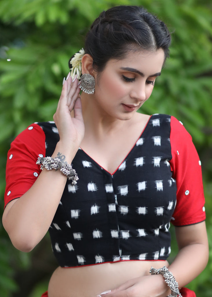 Standout Black Ikat Cotton Blouse with Red Cotton Silk Sleeves and Mirrorwork Detailing
