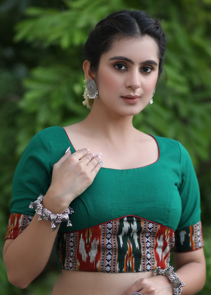 Trendy Bottle Green Cotton Blouse with Border Ikat Combination and Wooden Button Detailing at the Back
