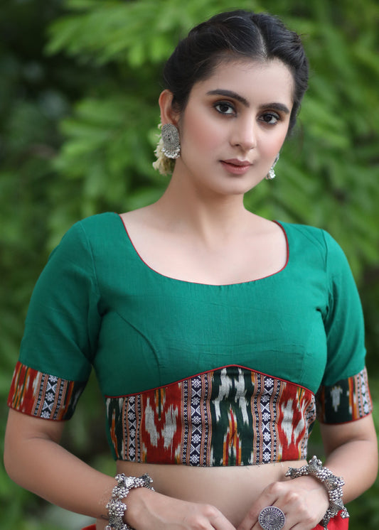 Trendy Bottle Green Cotton Blouse with Border Ikat Combination and Wooden Button Detailing at the Back