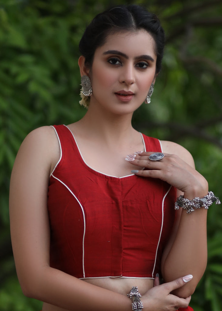 Dussehra Sale — Stylish Maroon Cotton Silk Sleeveless with Semi-Circular Kutch Patch on the Back