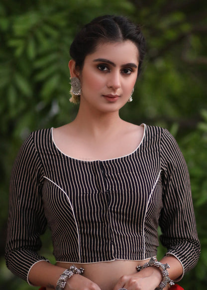 Exclusive Stripe Ajrakh Blouse with Leaf Cutout on the Back