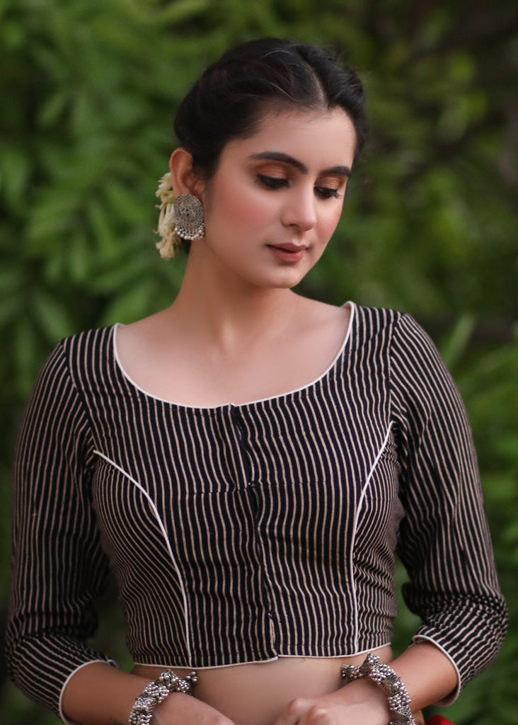 Exclusive Stripe Ajrakh Blouse with Leaf Cutout on the Back