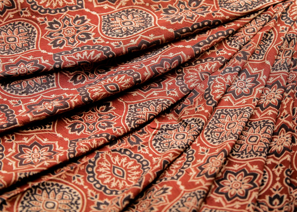 Maroon Block Printed Ajrakh Cotton  Fabric