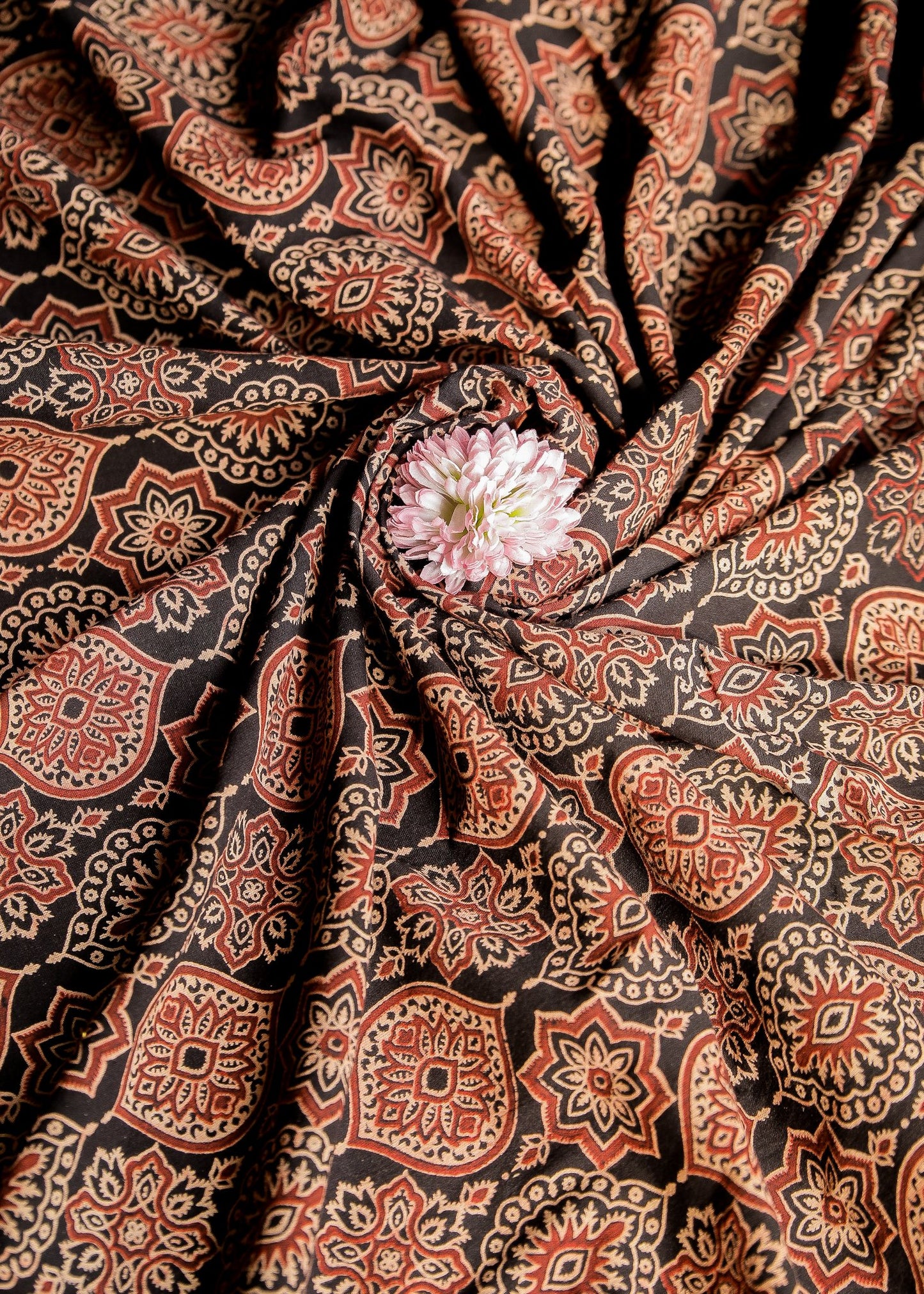 Black Block Printed Ajrakh Cotton Fabric