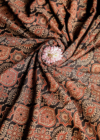 Black Block Printed Ajrakh Cotton Fabric