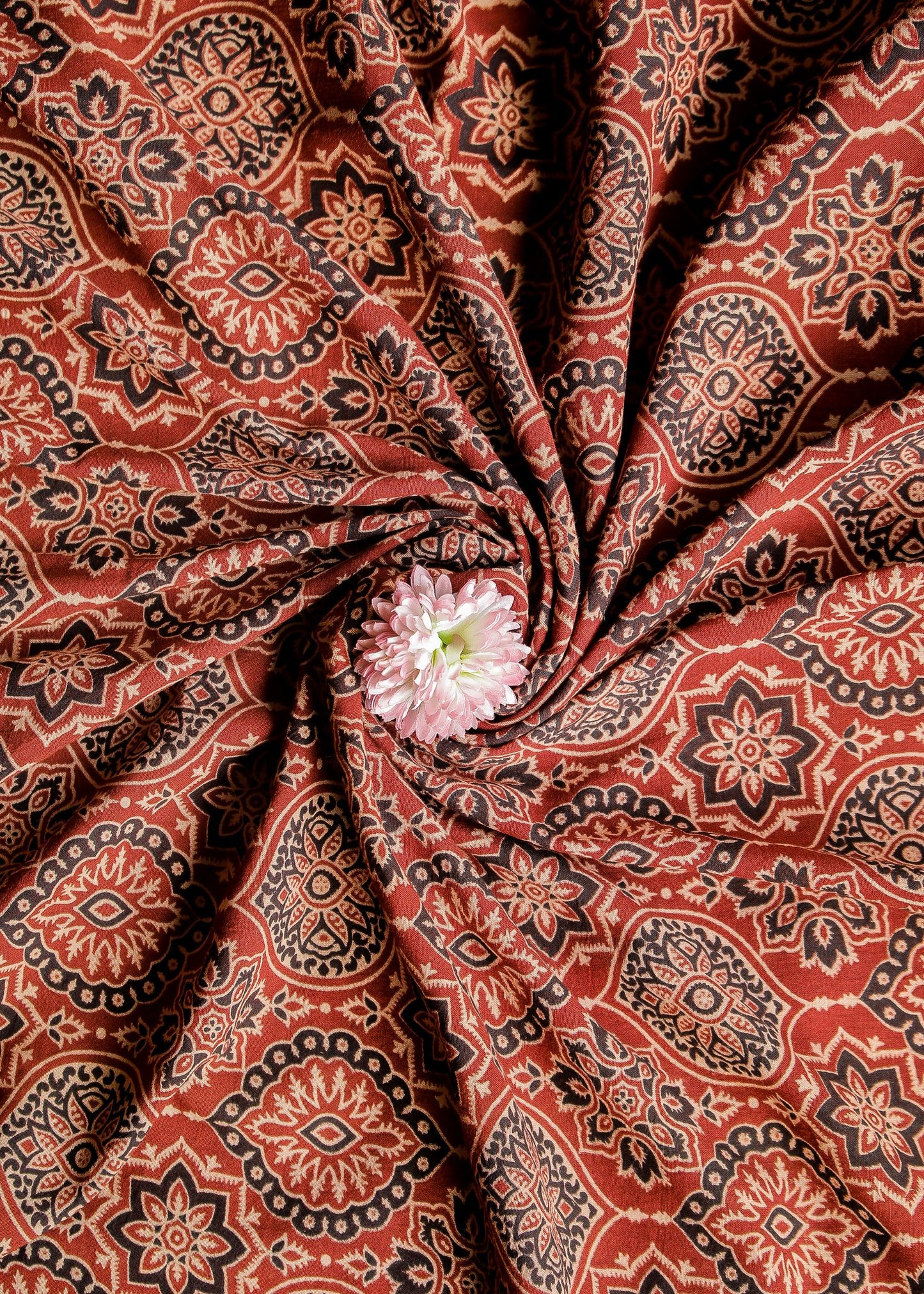 Maroon Block Printed Ajrakh Cotton  Fabric