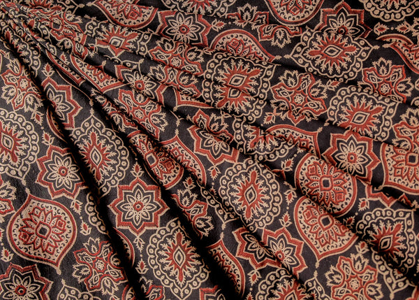 Black Block Printed Ajrakh Cotton Fabric