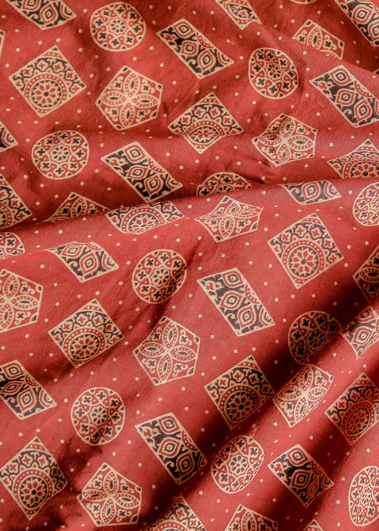 Light Maroon Block Printed Ajrakh Cotton  Fabric with Geometrical Motifs