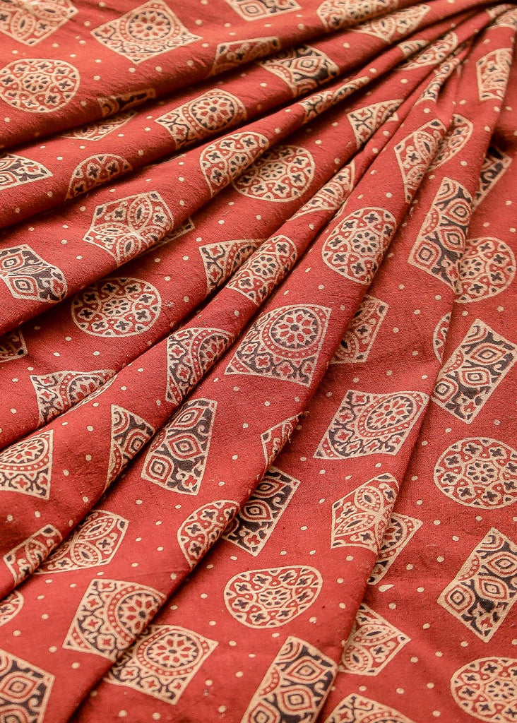 Light Maroon Block Printed Ajrakh Cotton  Fabric with Geometrical Motifs