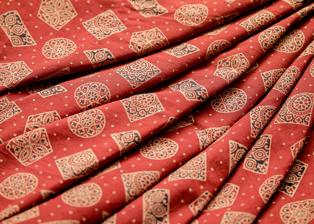 Light Maroon Block Printed Ajrakh Cotton  Fabric with Geometrical Motifs