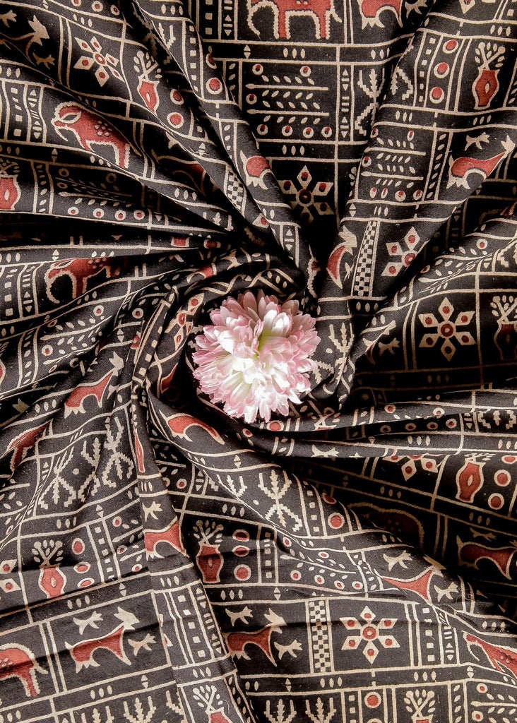 Black Block Printed Ajrakh Cotton Fabric with miniature elephant Motif
