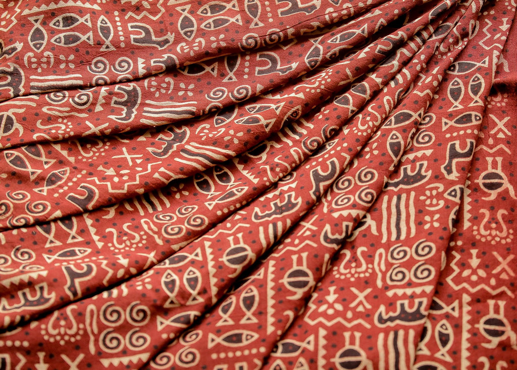 Maroon Block Printed Ajrakh Cotton  Fabric with miniature Fish Motifs