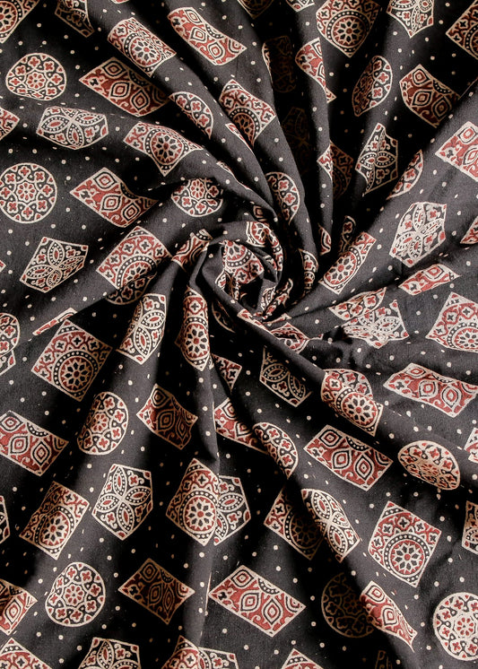Black Block Printed Ajrakh Cotton  Fabric with Geometrical Motifs