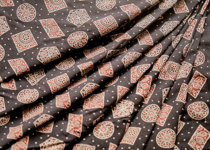 Black Block Printed Ajrakh Cotton  Fabric with Geometrical Motifs
