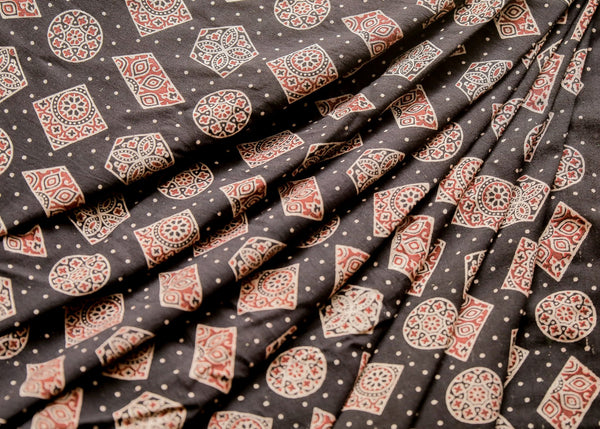 Black Block Printed Ajrakh Cotton  Fabric with Geometrical Motifs