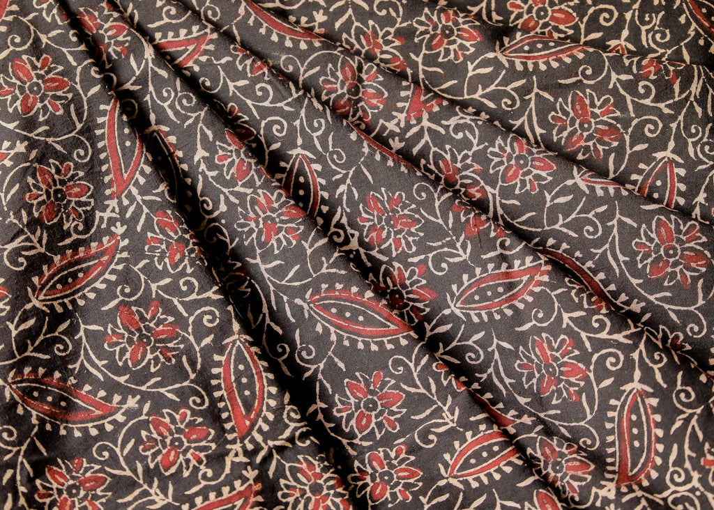 Black Block Printed Ajrakh Cotton  Fabric with floral motifs