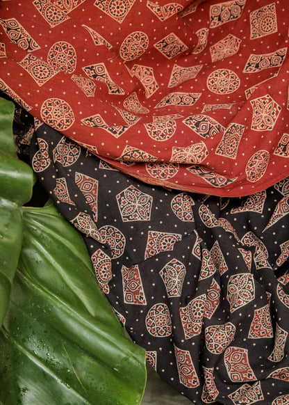 Light Maroon Block Printed Ajrakh Cotton  Fabric with Geometrical Motifs