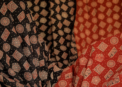 Black Block Printed Ajrakh Cotton  Fabric with Geometrical Motifs
