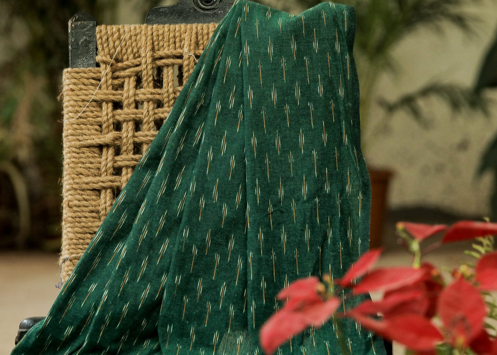 Classy Pure Ikat Cotton Fabric in Bottle green Colour