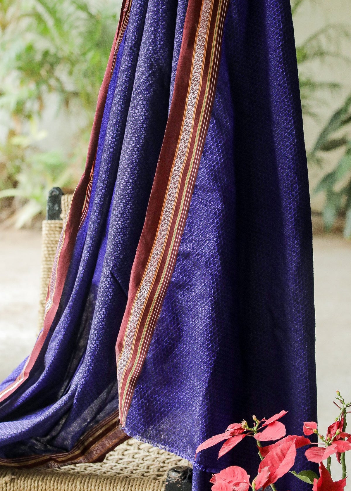 Beautiful Intricate blue Khun  Fabric with contrast border and subtle Sheen