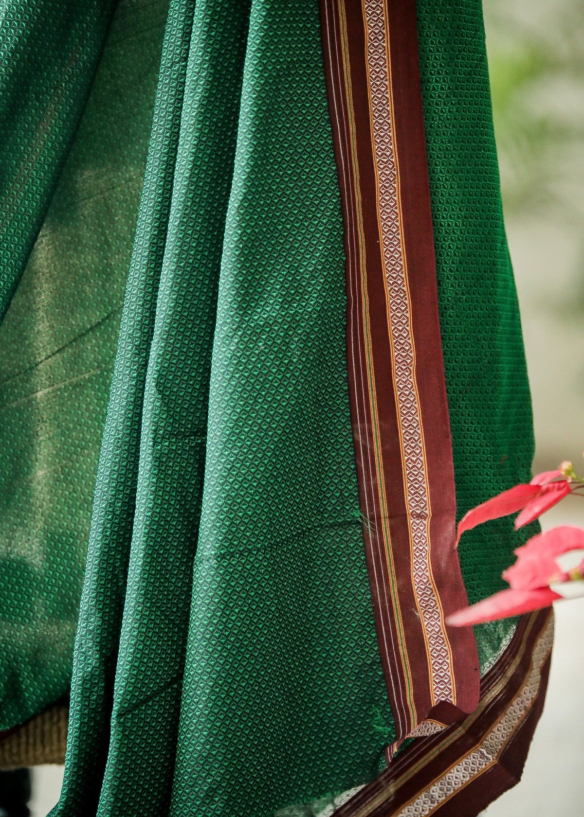 Beautiful Intricate Green Khun  Fabric with contrast border and subtle Sheen