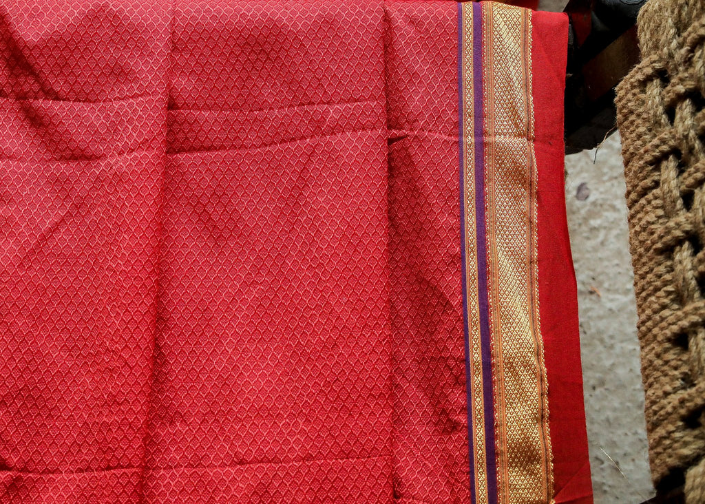 Beautiful Intricate Red Khun  Fabric with contrast border and subtle Sheen