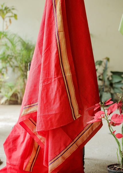 Beautiful Intricate Red Khun  Fabric with contrast border and subtle Sheen