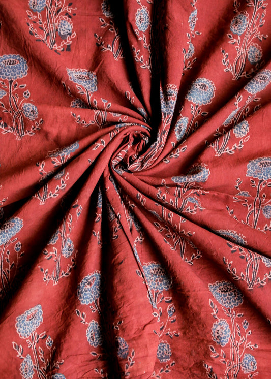 Block Printed Ajrakh Cotton  Fabric with Blue Floral Motifs on Chilli Red Colour