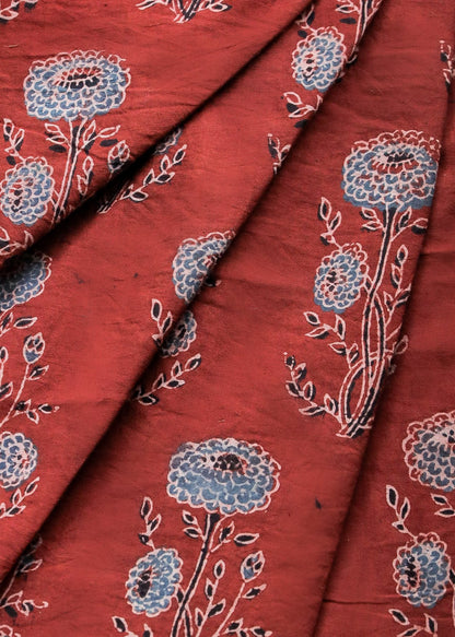 Block Printed Ajrakh Cotton  Fabric with Blue Floral Motifs on Chilli Red Colour