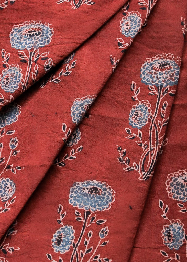 Block Printed Ajrakh Cotton  Fabric with Blue Floral Motifs on Chilli Red Colour