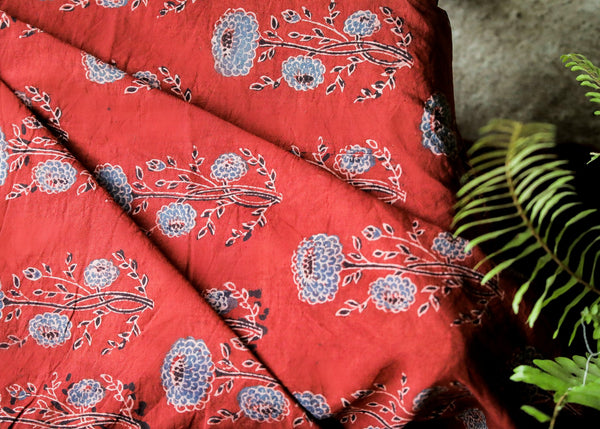 Block Printed Ajrakh Cotton  Fabric with Blue Floral Motifs on Chilli Red Colour