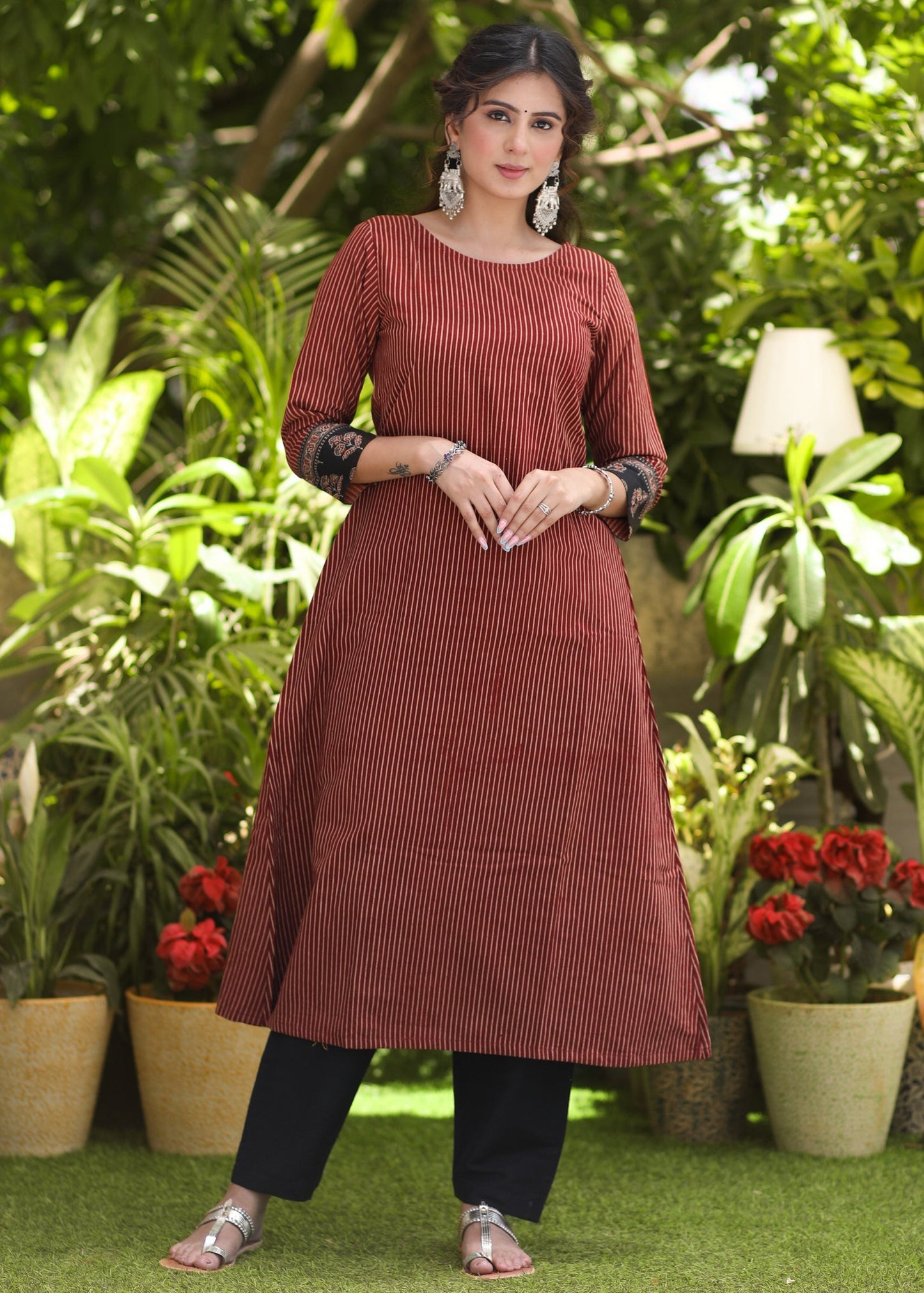 Smart Maroon Cotton Line Ajrakh Kurta