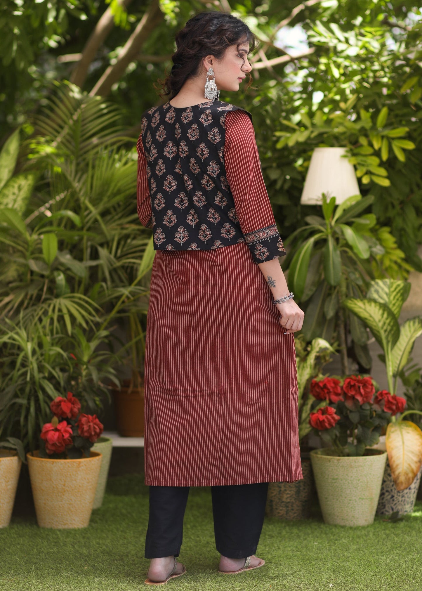 Smart Maroon Cotton Line Ajrakh Kurta