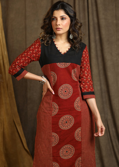 Smart Straight Cut Cotton Ajrakh Combination Kurta - Pant Optional