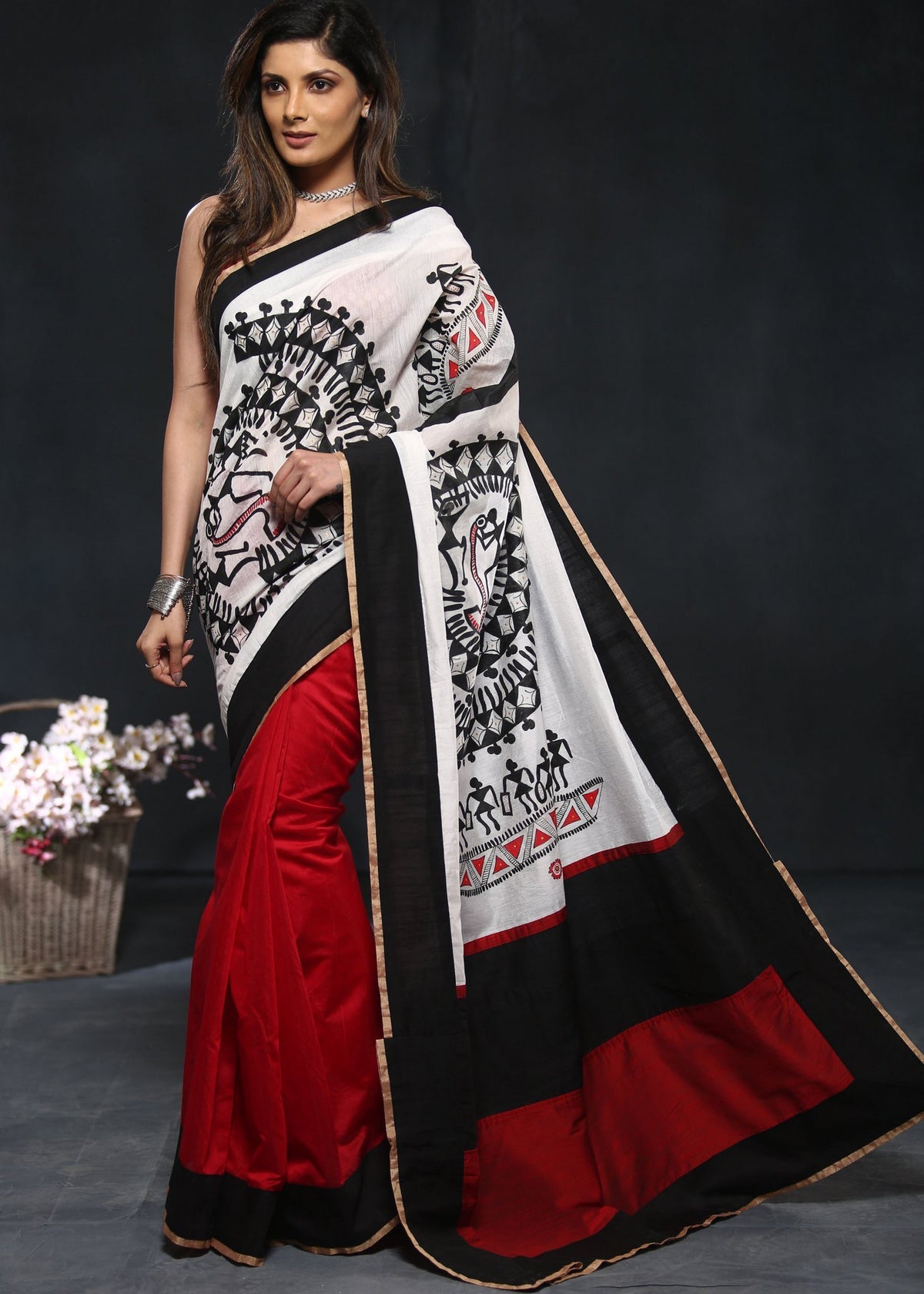 Hand painted warli art on red & white chanderi saree