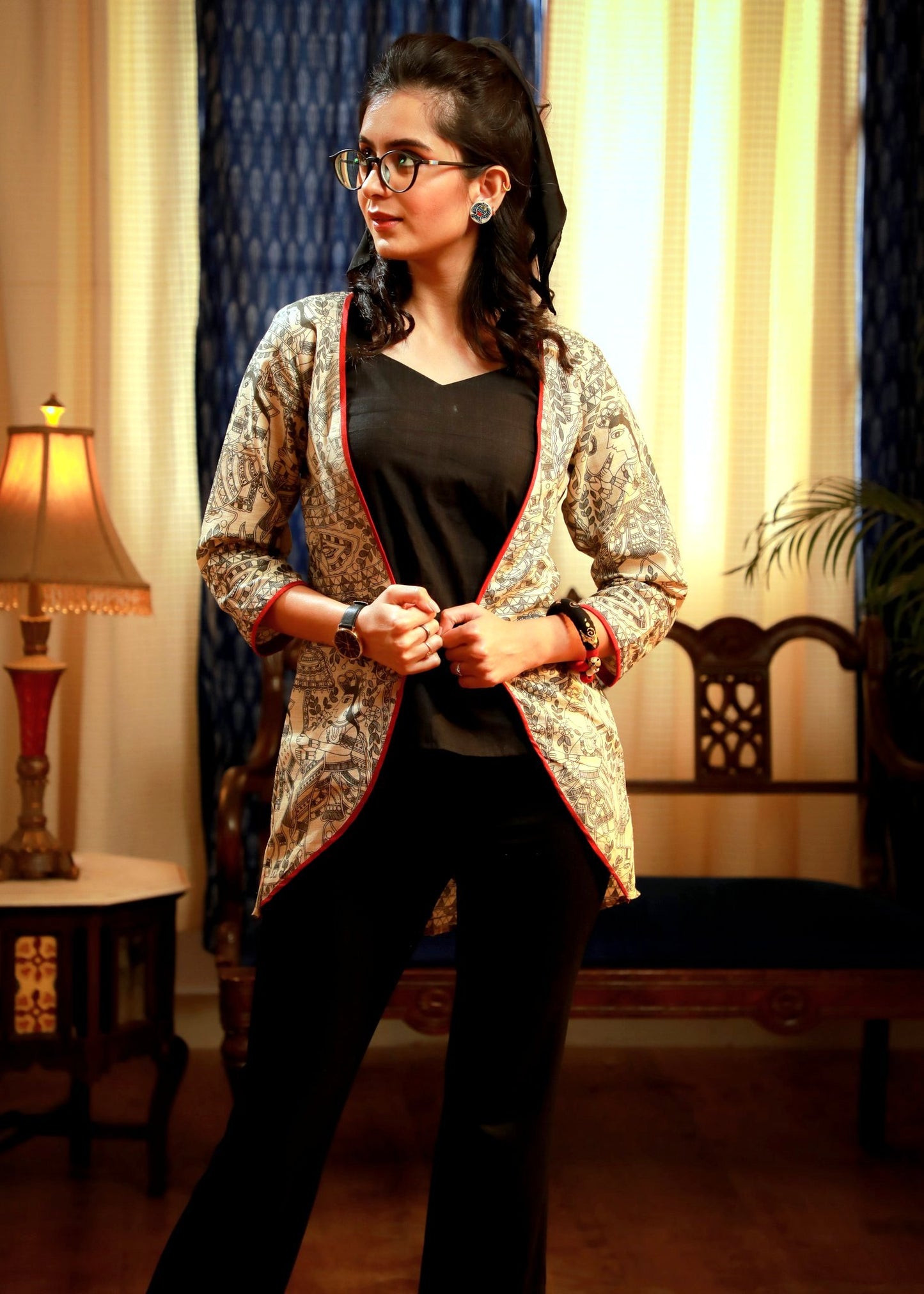 Madhubani printed layered jacket  with matching spaghetti top