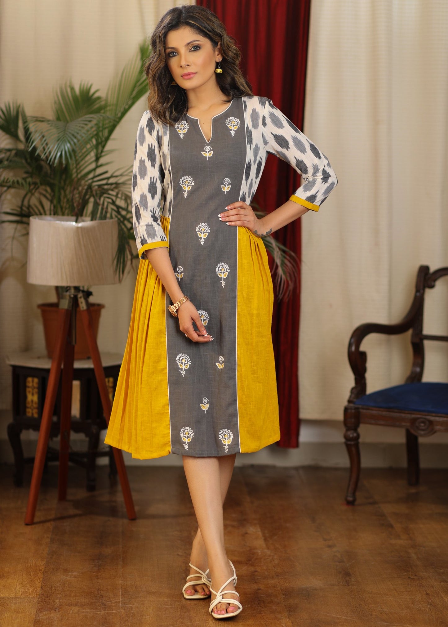 Mustard and gray ikat combination dress with front embroidered panel
