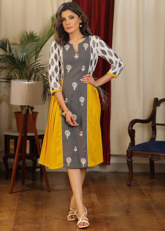 Mustard and gray ikat combination dress with front embroidered panel