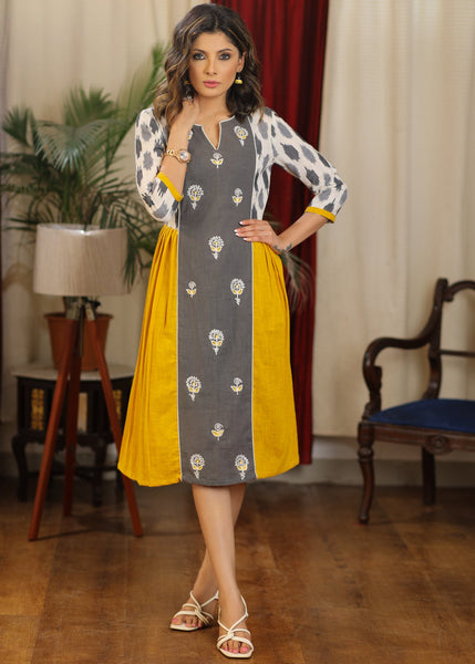 Mustard and gray ikat combination dress with front embroidered panel