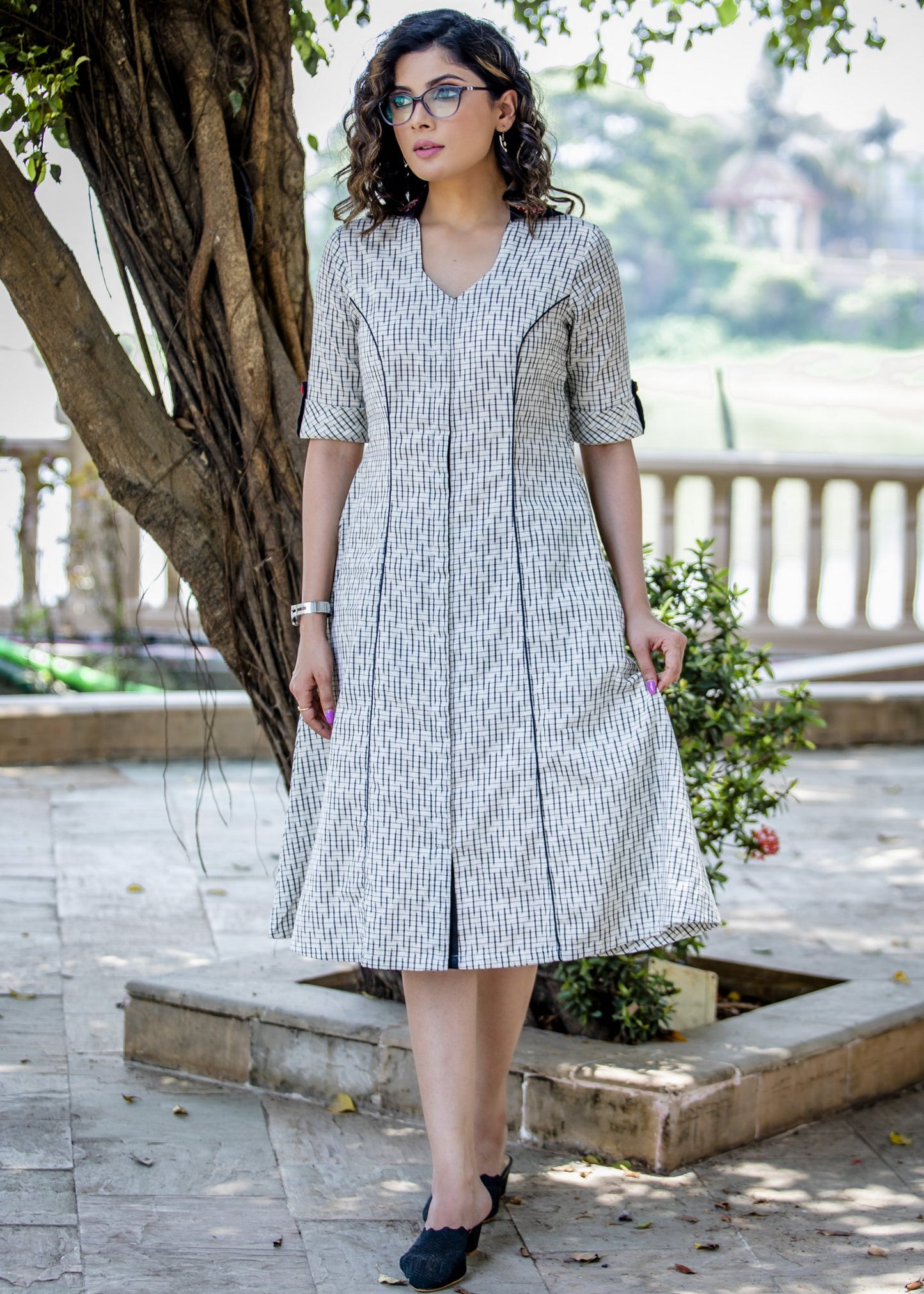 Exclusive Ikat dress with contrast red embroidery on collar