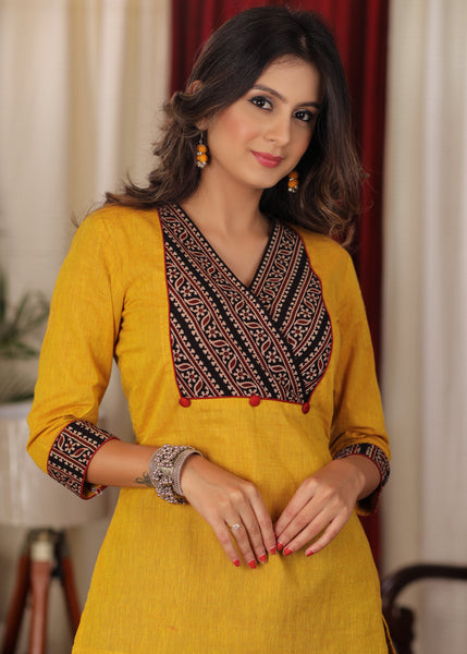 Cotton mustard Top with Border ajrakh combination neck