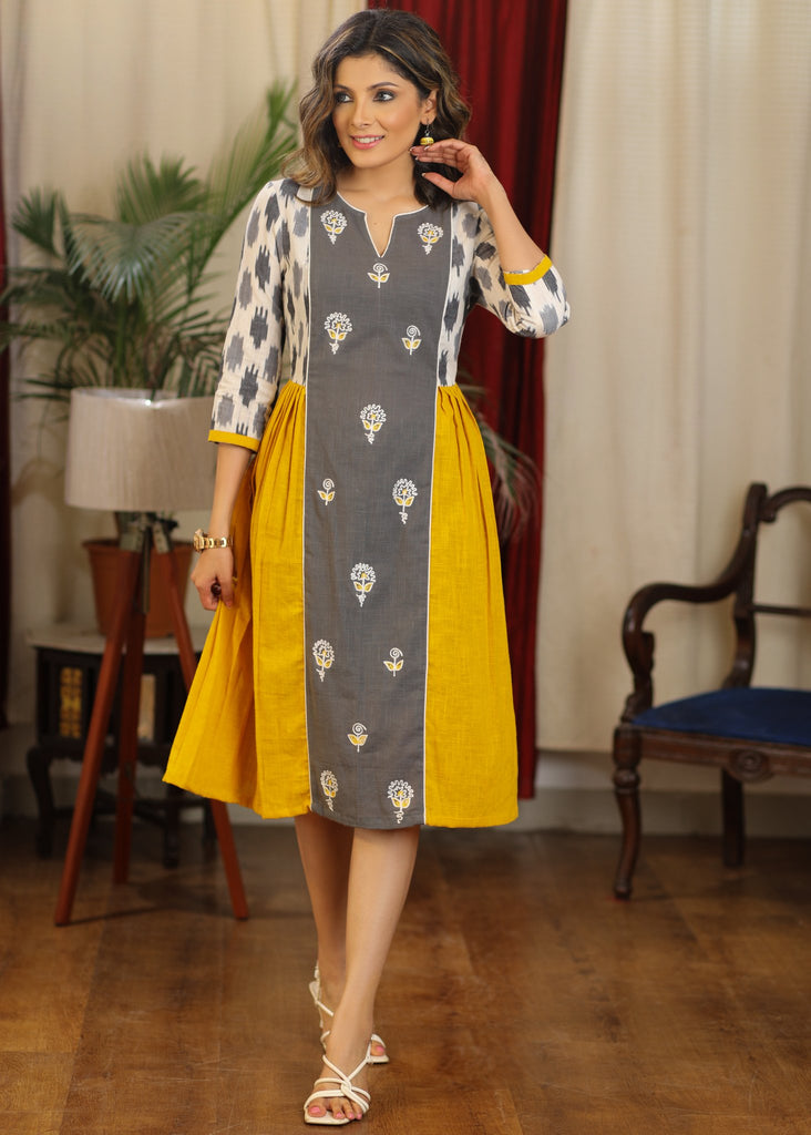 Mustard and gray ikat combination dress with front embroidered panel