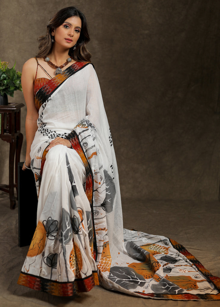 Beautiful white cotton handpainted saree with multicolour Ikkat