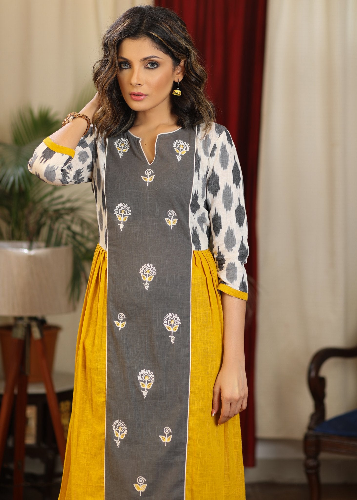 Mustard and gray ikat combination dress with front embroidered panel Sujatra Mustard and gray ikat combination dress with front embroidered panel Sujatra