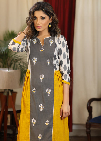 Mustard and gray ikat combination dress with front embroidered panel