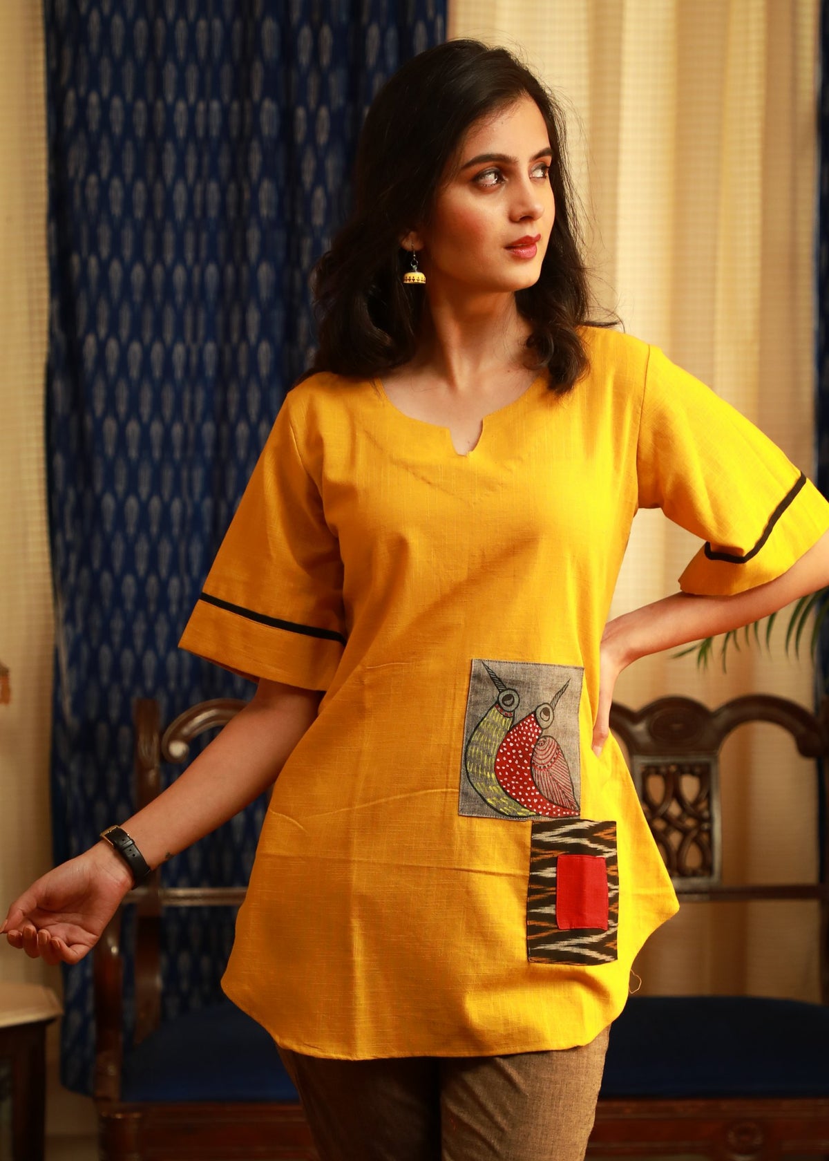 Dussehra Sale — Gond tribal art hand-painted Multi-patchwork pure cotton top In beautiful mustard colour