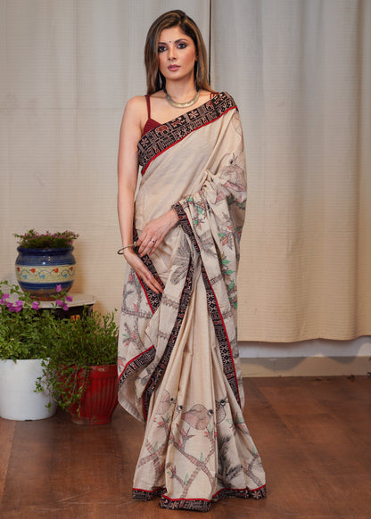Beige cotton Handloom saree with exclusive Gond painting