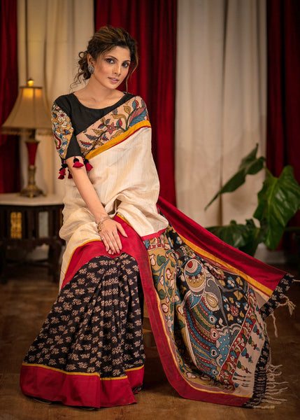 Designer hand painted kalamkari saree with Ajrakh pleats and pure tusser silk in front